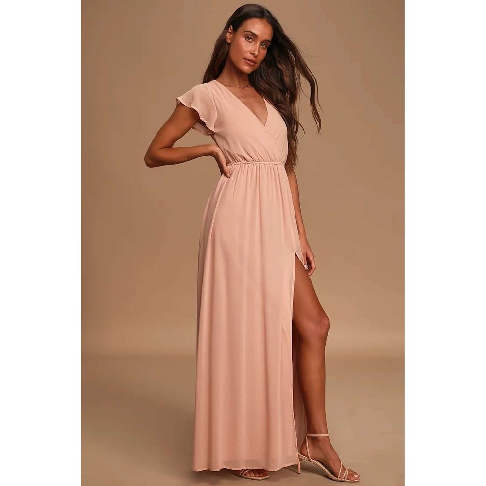 Lulus Lost In The Moment Blush Pink Maxi Dress Flutter Sleeve V-Neck Gown Small
